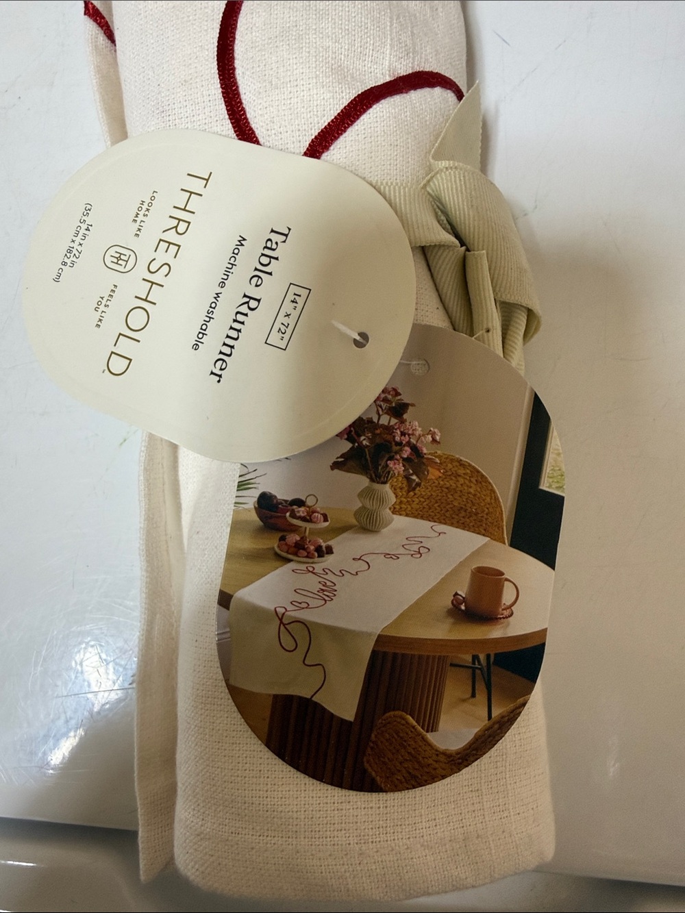 Threshold Cream Table Runner with Red Script Embroidery